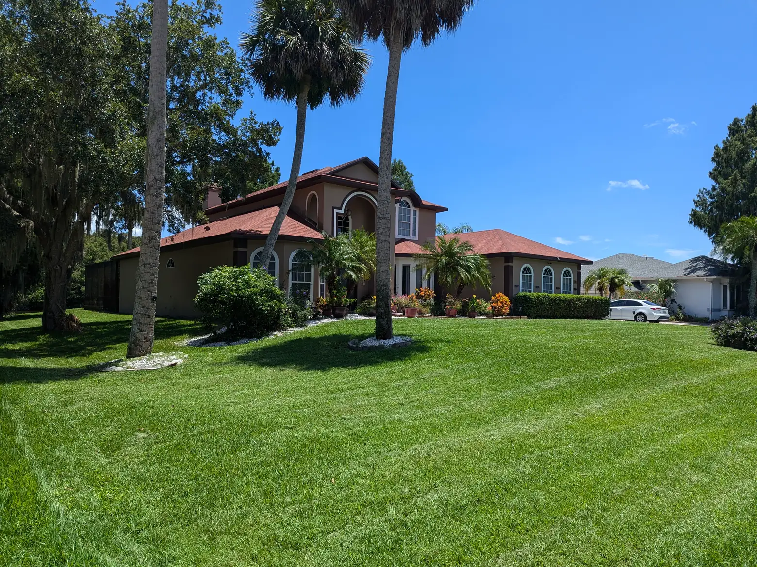 Large Central Florida home with mature palms and a freshly mowed, striped front lawn